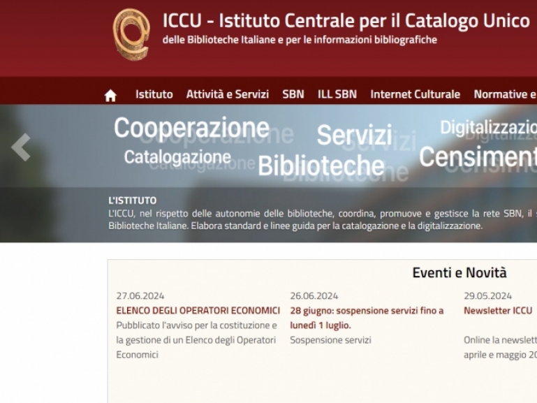 Sospensione temporanea dei servizi dell'Istituto Centrale per il Catalogo Unico delle Biblioteche Italiane e per le Informazioni Bibliografiche